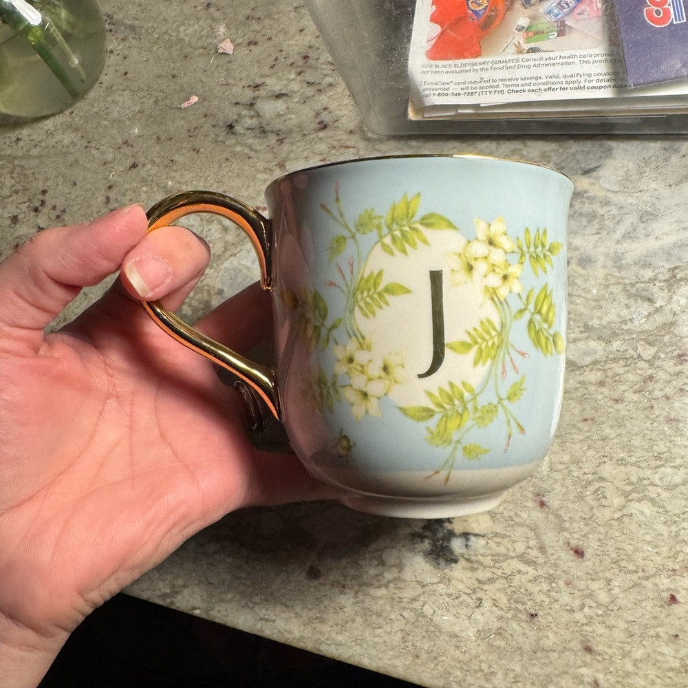 Anthropologie Lou Rita Nature Table “J” Mug with Gold Handle - Picture 2 of 7